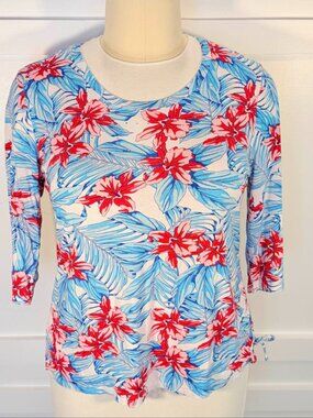 Palm Grove Blue Red Women's XL Tropical Floral Resortwear Top Scoop Neck 3/4 Slv